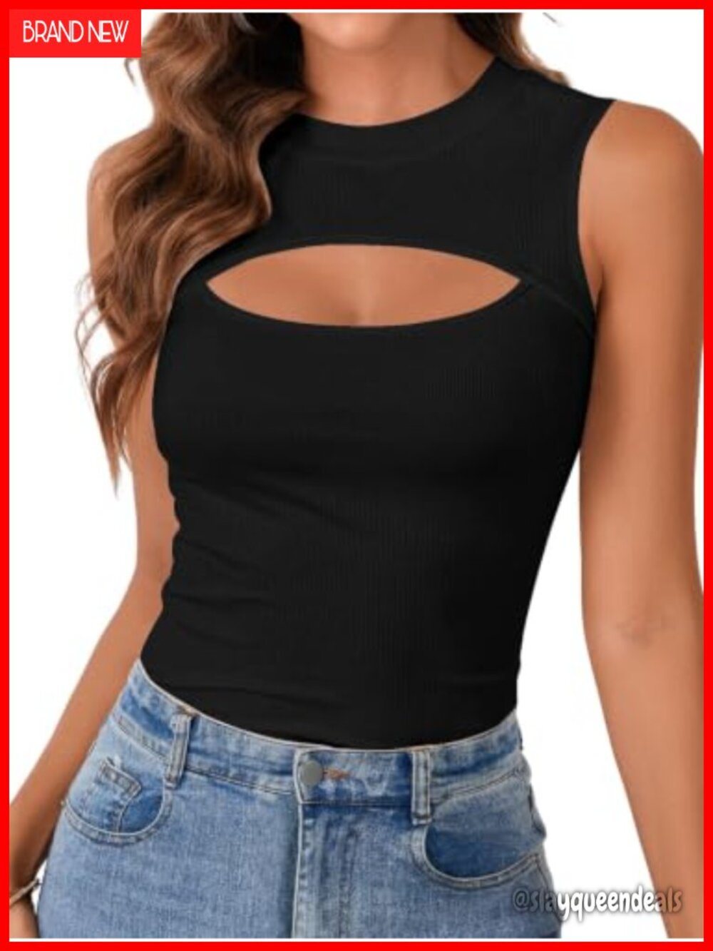 Sleeveless Cut Out Front Ribbed Knit Tank Top Slim Fit Crew Neck